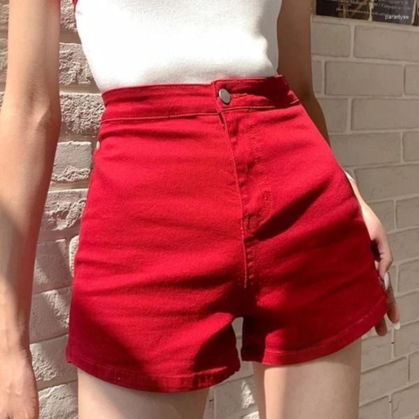 Shorts femininos cintura alta denim mulheres verão jeans curtos para senhoras apertado push up streetwear roupas vermelho femme