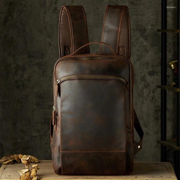 Rucksack Modische Echtes Leder Vintage Crazy Horse Umhängetasche Rindsleder Große Kapazität Casual Wandern Für Männer