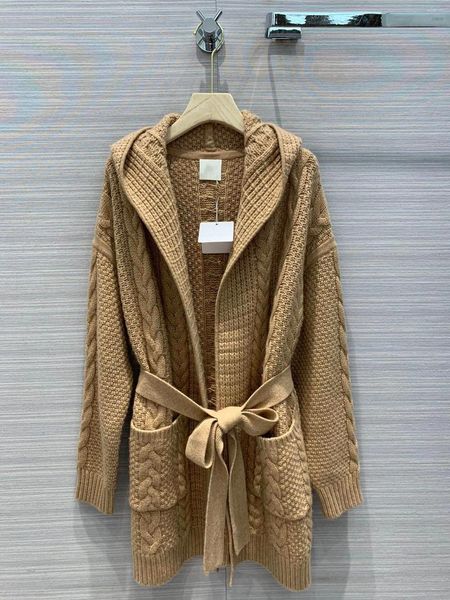 Frauen strickt hochwertige Kaschmir Khaki Pullover Winter lässig Frauen schwarz Kapuzen Strickjacke Mode Damen langen Mantel mit Gürtel