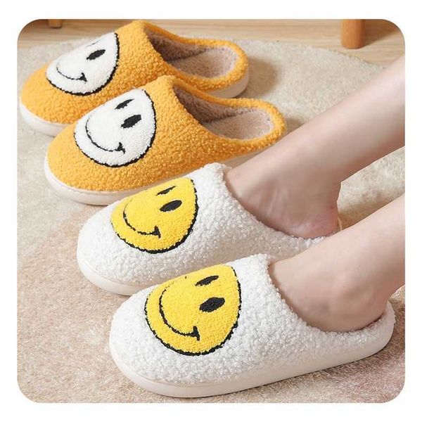 HBP Chinelos de casa femininos com rosto sorridente, chinelos macios de pelúcia macios para inverno e ambientes internos