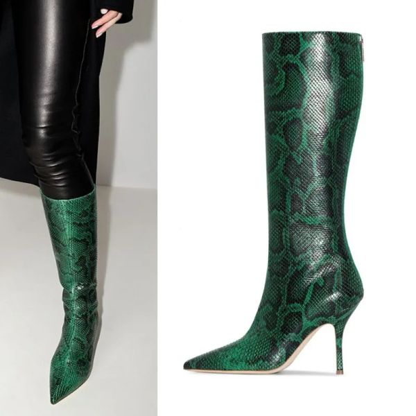 Botas 2021 Novo serpentino verde Autumn Winter Boots Longo Sapatos femininos STILETTO TIP DE VOLTA BENDA MATHA MULHERES BOTAS BIG TAME3346