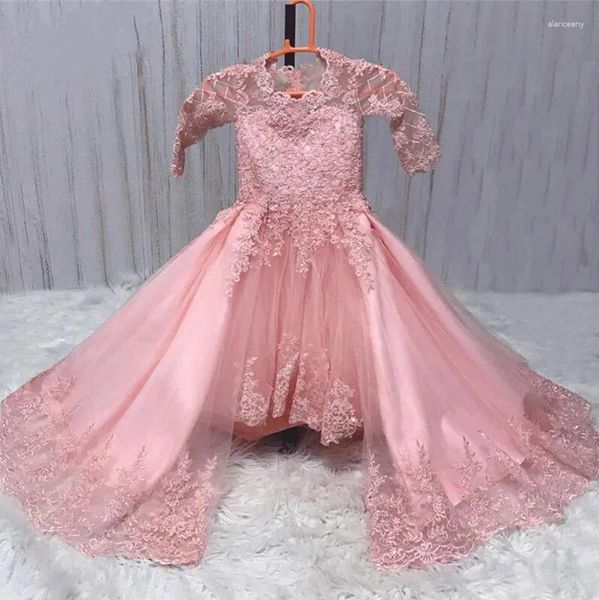 Abiti da ragazza Fiore di arrivo per matrimoni Applique in pizzo con perline Abiti per bambine Vestido De Daminha Treno staccabile