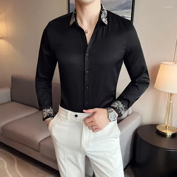 Мужские повседневные рубашки Y2K, мужские винтажные черные рубашки с длинным рукавом, модные гавайские облегающие рубашки-карго с вышивкой, мужская сорочка Homme
