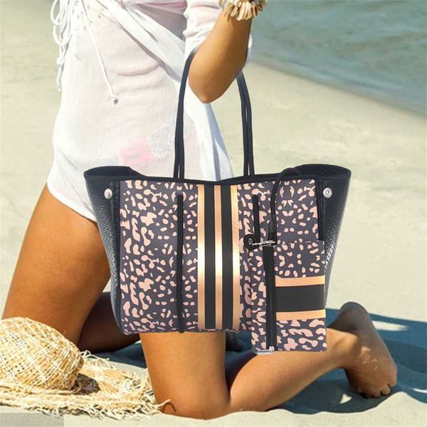 Bolsa de ombro feminina bolsa leopardo impressão designer bolsas preto portátil saco de praia para lazer viagem das mulheres tote 240311