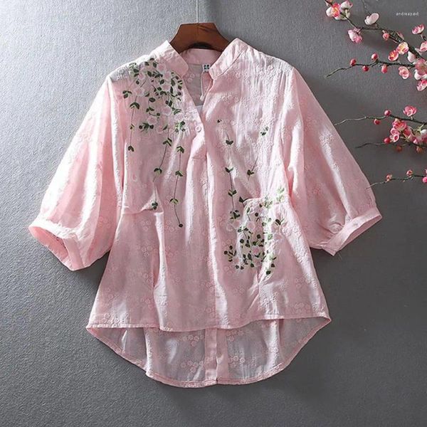 Kadın bluzları kadın retro nakış çiçekleri desen gömlek üstleri stant yaka v yaka düğmeleri yarım plaket 3/4 kol gevşek jakar