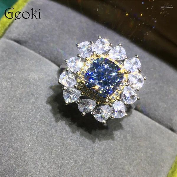 Anéis de cluster prata 925 original 2 brilhante corte diamante teste passado 7/7mm almofada azul real moissanite anel de floco de neve jóias de pedras preciosas