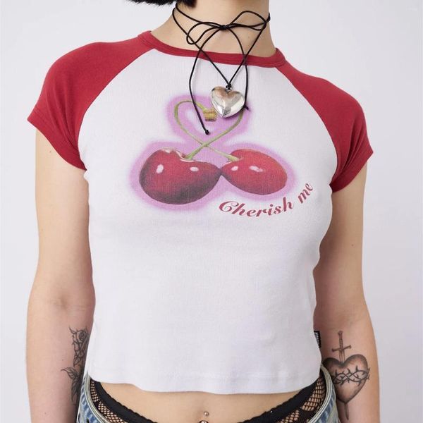 Mulheres camisetas Gaono Womens Y2K Imprimir Crop Tops Bonito Kawaii Punk Gráfico Verão Manga Curta Camisetas E-Girls Roupas Adolescentes Streetwear