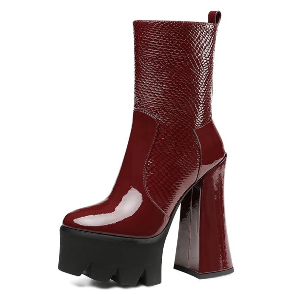 Stivali Autunno Autunno Piattaforma spessa con tacco alto Suggerimenti Stivali caviglie con cerniera vera e propria scarpe da donna rosso nero