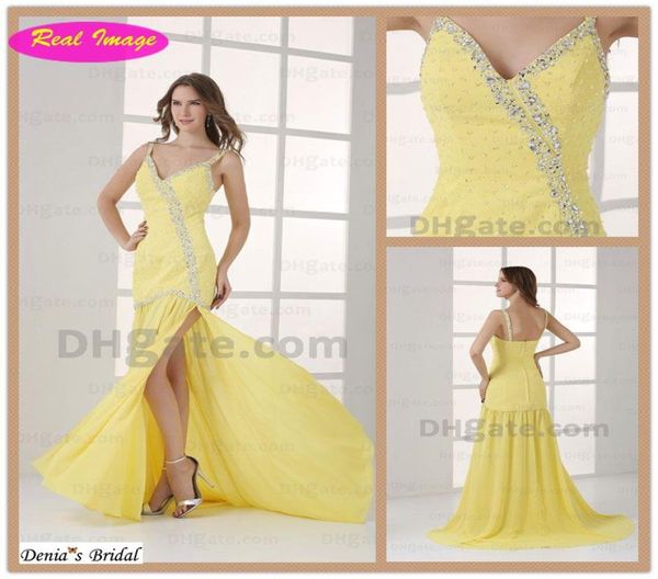 Ehrenwerte Spaghetti-Perlenträger-Abschlussballkleider Hellgelbes Chiffon-Abendkleid mit seitlichem Schlitz HX78 dhyz 017409236