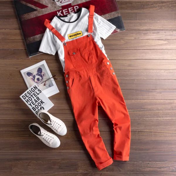 Overalls Mode Männer Lätzchen Overalls Bleistift Pant Orange Feste Farbe Casual Koreanischer Stil Mann Schwarze Overalls Rolpper Anklelength