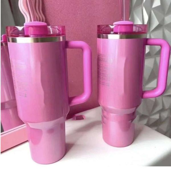 40 Unzen Edelstahl Tumbler Hot Pink Auto Vakuumisolierte Tassen mit Deckel Strohhalme Griff Stroh Kaffeetassen Dropshipping Valentinstag Geschenk