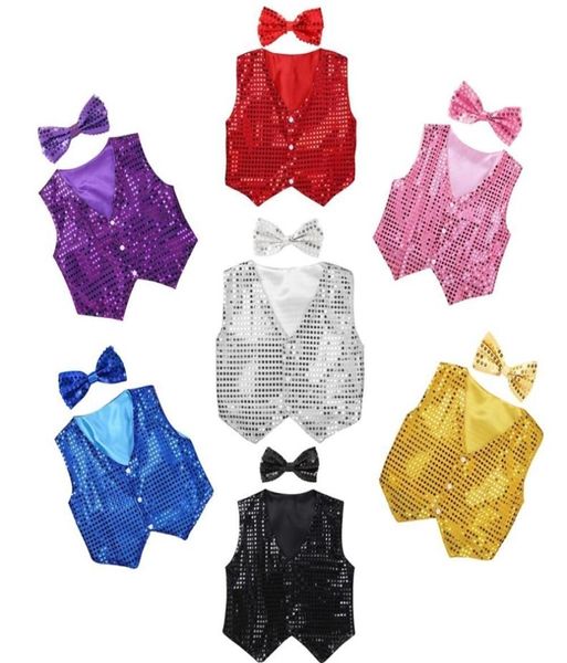 Ragazzi Ragazze Jazz Dancewear Gilet Bowknot Set Bambini Glitter Vestiti Coro Costume Bambini Hiphop Jazz Dance Gilet con paillettes Y2003257102970