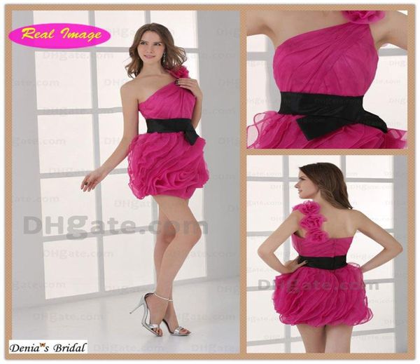 Розовые изысканные вечерние платья на одно плечо Коктейльное платье из органзы с черным поясом Mini HX82 dhyz 014657514