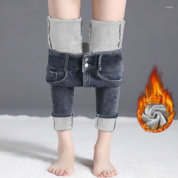 Jeans femininos engrossados quentes e super cintura alta para mulheres no outono inverno pelúcia apertado encaixe duplo botão nádegas