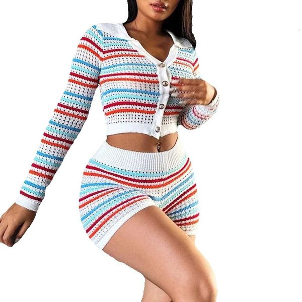 Mulheres Tracksuits Casual Colorido Listrado Malha Rib Curto Conjunto de Duas Peças Mulheres Sexy Queda Buraco Botão Crop Top Shorts Conjuntos de Correspondência Ou GG