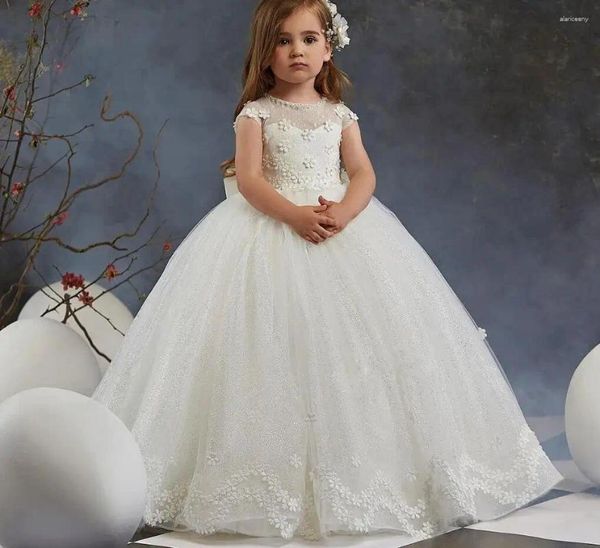 Mädchenkleider Elfenbeinweiße Blume für Hochzeit O-Ausschnitt Glitzer Tüll Festzugskleid Bodenlanges Ballkleid