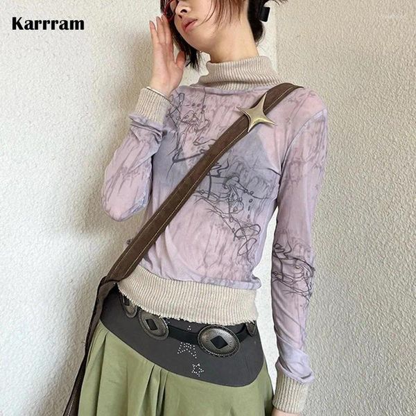 Camisetas femininas Karrram Japonês Y2k malha de malha tops vintage tatuagem impressão ver através de t-shirt grunge estética gola pura harajuku