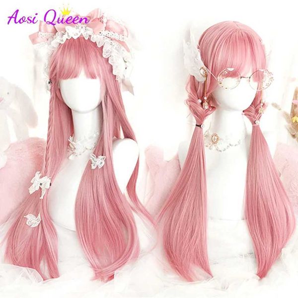 Perucas sintéticas como peruca cosplay com franja cabelo reto sintético 24 Polegada longo resistente ao calor peruca rosa para mulher 240328 240327