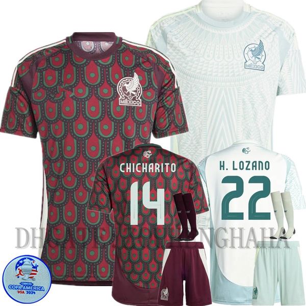 Meksika Futbol Forması Chicharito 2024 Copa America Kupası Camisetas Çocuk Kiti Milli Takım Evde Oyuncu Versiyonu Futbol Gömlek Gimenez Lozano 1985 Retro Maillot