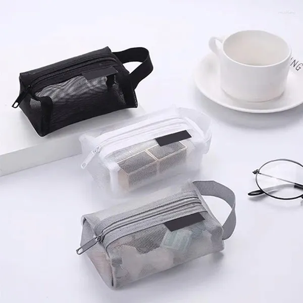Sacos de armazenamento Saco de malha quadrado pequeno maquiagem portátil tridimensional batom chave transparente nylon mini