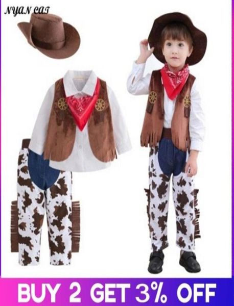 Bebê menino crianças crianças traje de halloween cowboy 5pc terno purim evento roupas de férias chapéu cachecol camisa cintura casaco calças x050925884172621999