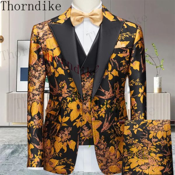 Anzüge Thorndike Klassische gelbe Blumen-Herrenanzüge für Hochzeit, 3-teilig, Jacke, Weste, Hose, Bräutigam, Smoking, männlich, modisch, Abendessen, Abschlussball, Blaze-Set