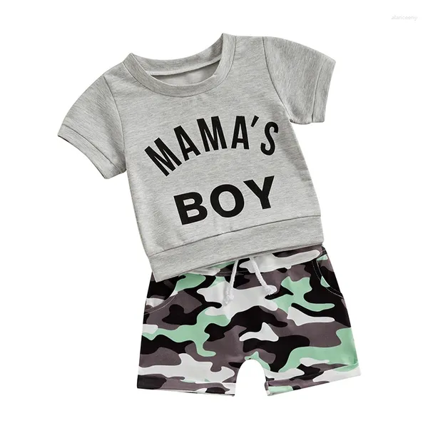 Conjuntos de roupas da criança menino roupas de verão mamas conjunto curto carta impressão manga camiseta bebê camo shorts 2pcs