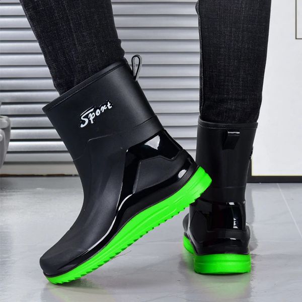 Botas de chuva masculinas antiderrapantes seguro de trabalho de tubo médio mais sapatos de borracha de algodão ao ar livre lazer pesca sapatos impermeáveis inverno 240309