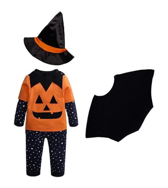 Kleidung Sets Halloween Baby Wizard Cosplay Langarm Kürbis Top Star Hose Mantel Hut 4 stücke Kinder Baumwolle Kostüm Für jungen Mädchen2245335560