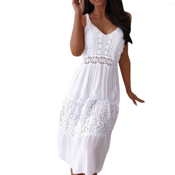 Vestidos casuais elegante renda costura vestido branco mulheres verão sem mangas backless praia sundress sexy espaguete cinta boho