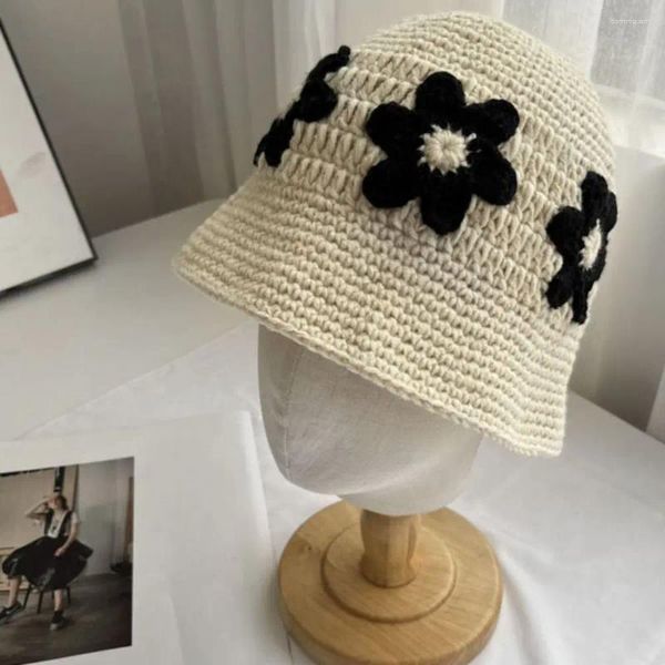 Berretti Cappello a secchiello con fiori Carino traspirante fatto a mano all'uncinetto Pescatore Autunno Inverno Cappello da sole all'aperto Ragazza