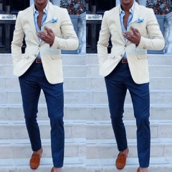 Anzüge Günstige Maßgeschneiderte Herrenanzüge für die Hochzeit Bräutigam Smoking Klassisches Outfit Mann Blazer 2 Stück Trauzeugen tragen (Elfenbeinjacke + blaue Hose)