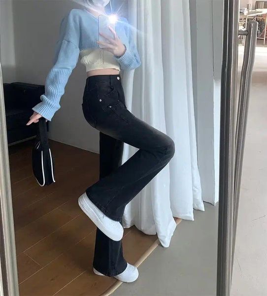 Nicchia di jeans da donna in stile coreano con gambe larghe naturali per pantaloni casual a vita alta