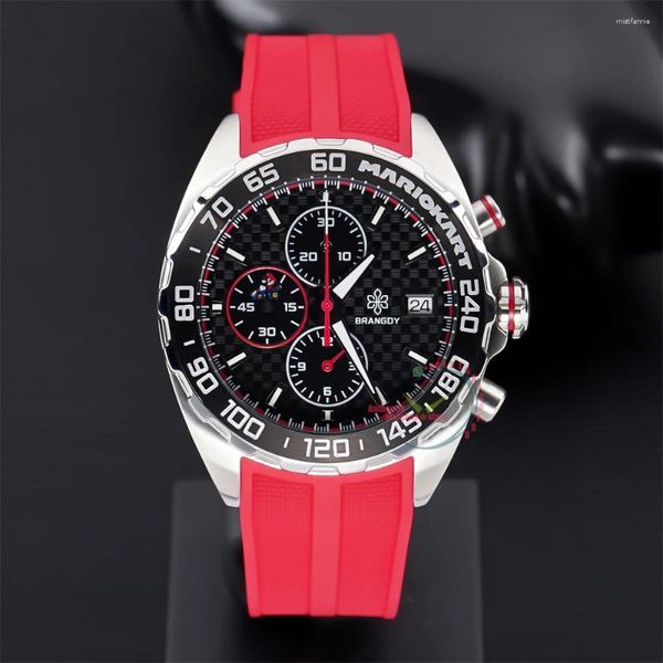 Relógios de pulso 2024 Fashion Edição limitada Quartz masculino Vk64 Cronograph 43mm Dial preto Casa de aço de borracha vermelha RELOJ HOMBRE