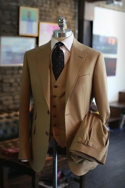 Anzüge, formelles Business-Kostüm, Khaki-Braun, Herrenanzüge, 3-teilig, neueste Designs, Hochzeit, Herrenanzüge, lässig, stilvoll, Slim-Fit-Terno