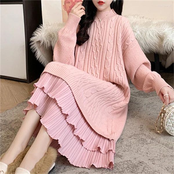 Casual Kleider Mode Langarm Pullover Kleid Frauen Spitze Splice Saum 2024 Herbst Winter Pullover Weibliche Elegante Gestrickte