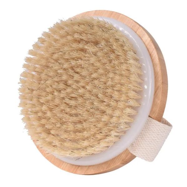 Escova redonda de cerdas de javali natural, escova de massagem para circulação de celulite, spa, alça de bambu, chuveiro, escova corporal, massagem nas costas zz