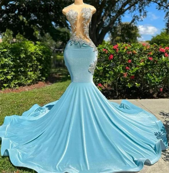 Sparkly Blue Prom Kleid 2024 Schwarz Mädchen Samt Meerjungfrau Sheer Jewel Neck Glitter Perlen Applikationen Geburtstag Party Abendkleider Vestidos de bal