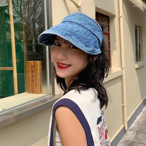 Berets estilo japonês lavado denim viseira boné verão à prova de sol balde chapéu feminino sem topo dobrável grande borda maré