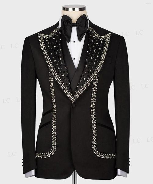 Ternos masculinos design diamantes pretos beadings 3 peças blazer calças um botão homens smoking alta moda casamento baile plus size feito sob encomenda