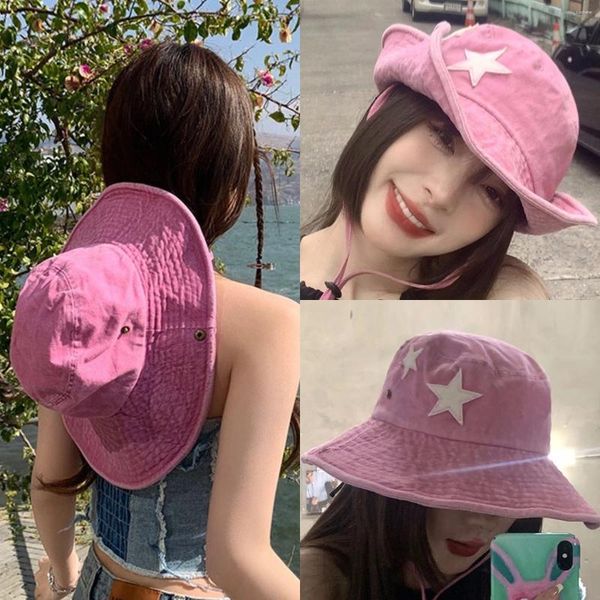 Berets moda estrela impressão chapéu ajustável borda pescador feminino ao ar livre sol corda bonito menina decorativa