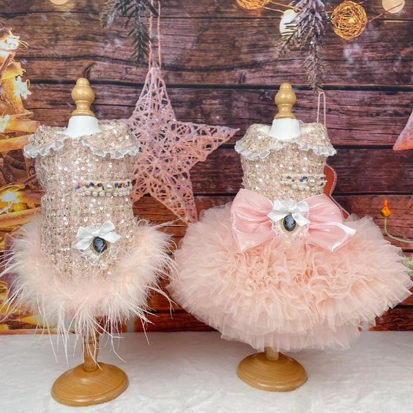 Cão vestuário rosa champanhe roupas para animais de estimação moda artesanal lantejoulas pérola laço arco festa princesa vestido para pequeno médio cachorrinho quente casacos