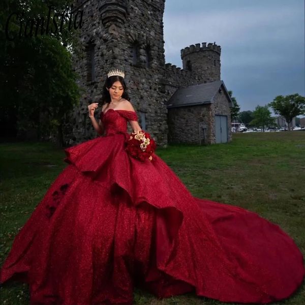 Elegante weinrote Quinceanera-Kleider, schulterfrei, süßes 16-Kleid, Vestido De 15 Anos, Ballkleider, süßes 15-16