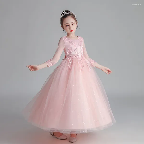 Vestidos de menina princesa saia menina fofo gaze manga comprida elegante vestido infantil desempenho e flor meninas