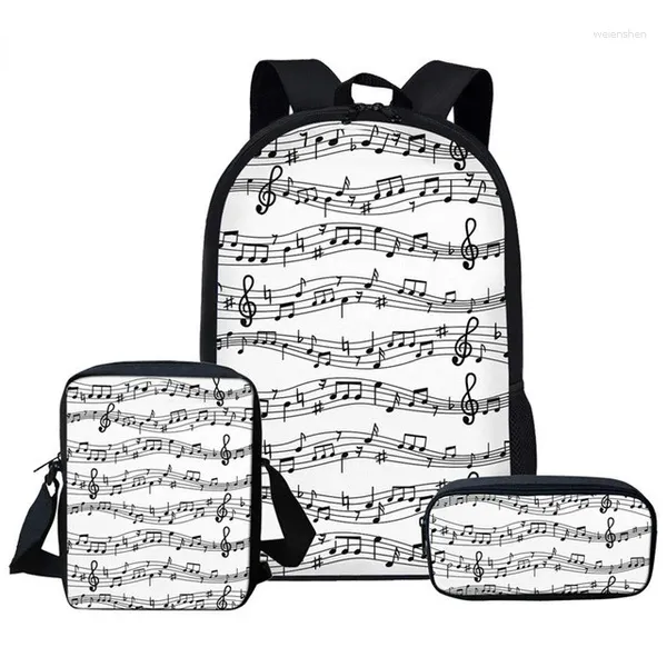 Mochila Harajuku Piano Teclado Notas Musicais Impressão 3D 3 unidades / conjunto Bolsas Escolares Laptop Daypack Inclinado Bolsa de Ombro Estojo