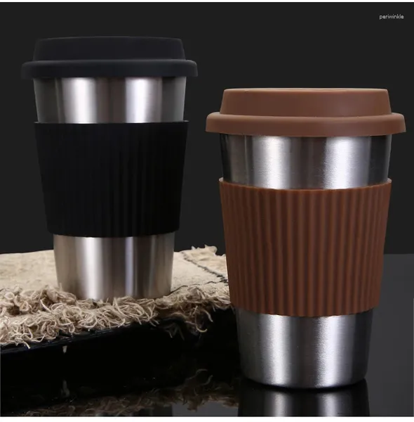 Kupalar Paslanmaz Çelik Kahve Kupa Kapak Silikon Yalıtımlı Anti-Scald Süt Çay Ofis Bardağı Soğuk Araba Kolay Ev İçecek Yazıları