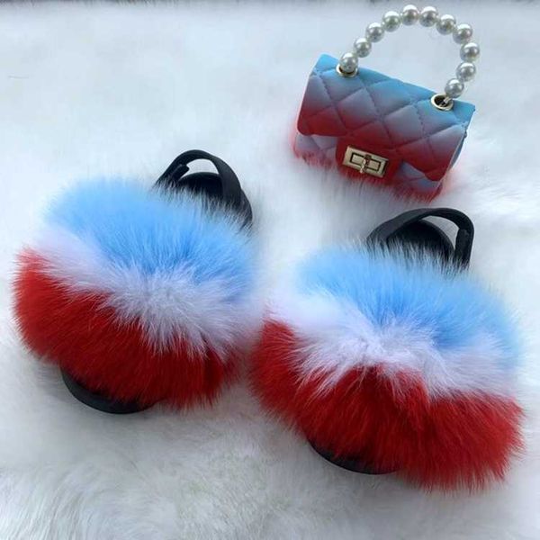 HBP Non-Brand Girl Set di borse per scarpe arcobaleno Pantofole in soffice pelliccia di volpe Bambini Scivoli in pelliccia piatta pelosa Borsa in gelatina con catena di perle Sandali per bambini Ragazze