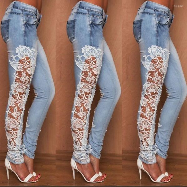 Calças de brim femininas 2024 elegante laço floral crochê mulheres sexy magro lápis calças oco-out baggy denim calças streetwear