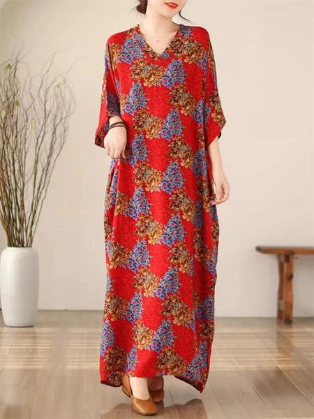 Vestidos casuais estilo étnico vestido longo com decote em v solto ajuste tamanho grande 3/4 manga verão ramie floral para mulheres roupas boho k310