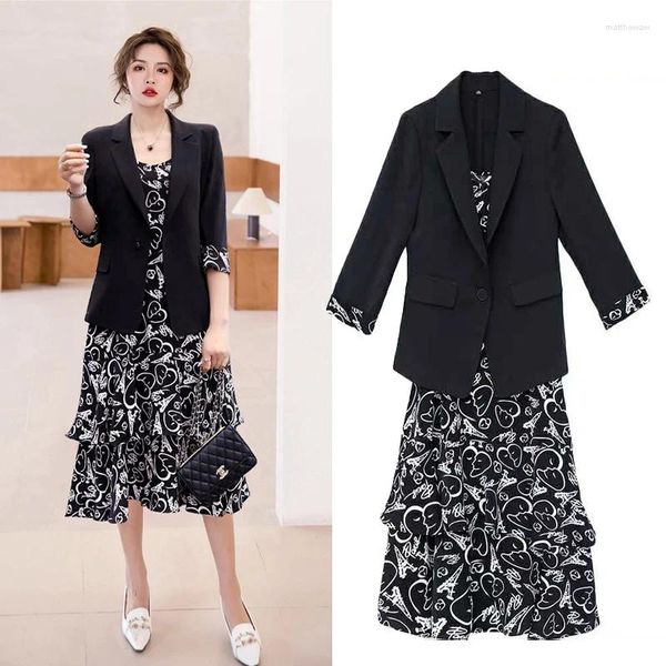 Vestidos de trabalho Coréia Japão 2024 Primavera Outono Roupas Simples Gelo Seda Fino Pequeno Blazer Mulheres Casaco Sling Vestido Duas Peças Terno Preto Branco Conjunto